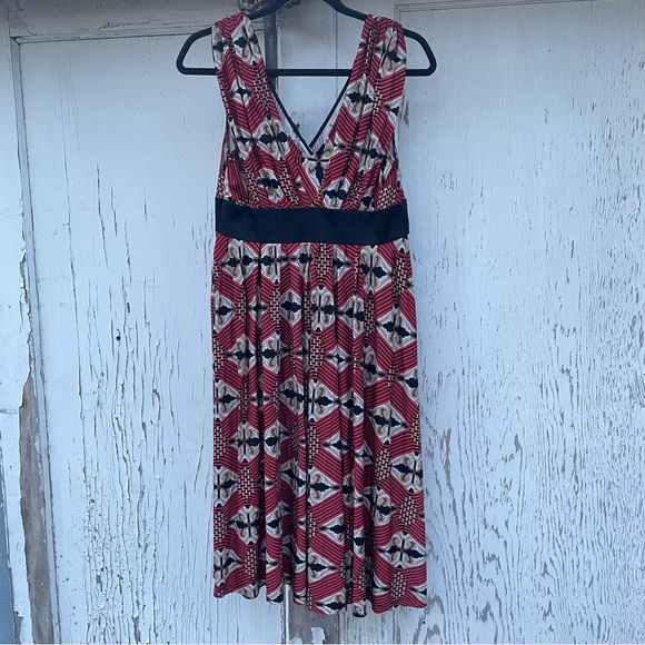 Badgley Mischka Midi Silk Dress Women’s 6 Red/Black Beaded Abstract Print Retro - Picture 11 of 16